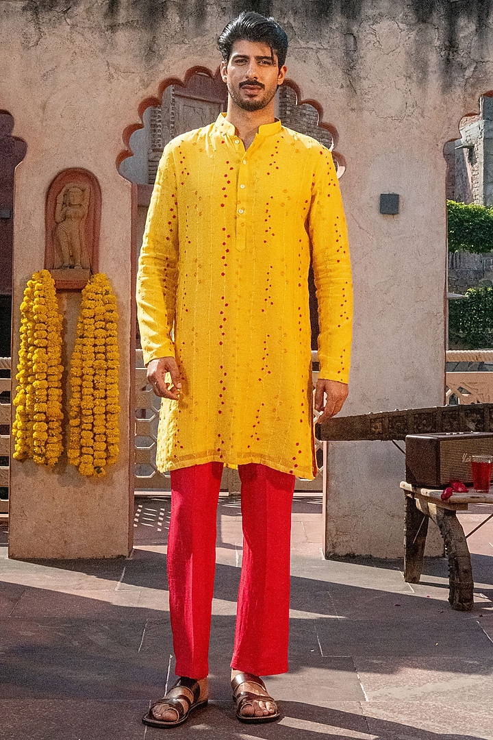 Yellow Chanderi & Tussar Silk Floral Work Kurta Set by NAFS at Pernia's Pop Up Shop