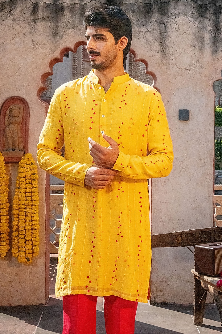 Yellow Chanderi & Tussar Silk Floral Work Kurta Set by NAFS at Pernia's Pop Up Shop
