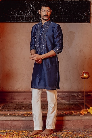 Indigo Blue Chanderi Mirror Work Kurta Set by NAFS