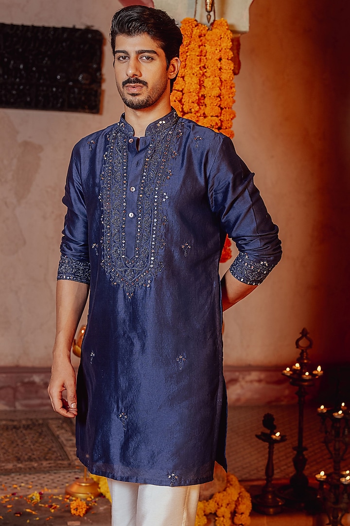 Indigo Blue Chanderi Mirror Work Kurta Set by NAFS at Pernia's Pop Up Shop