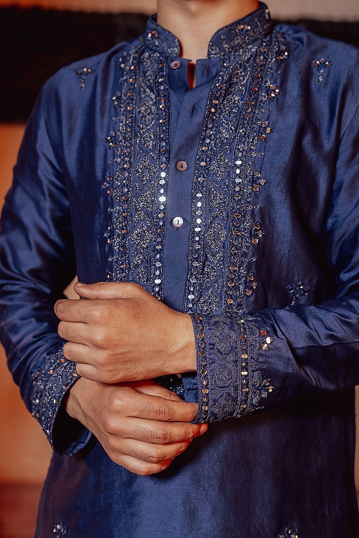 Indigo Blue Chanderi Mirror Work Kurta Set by NAFS at Pernia's Pop Up Shop