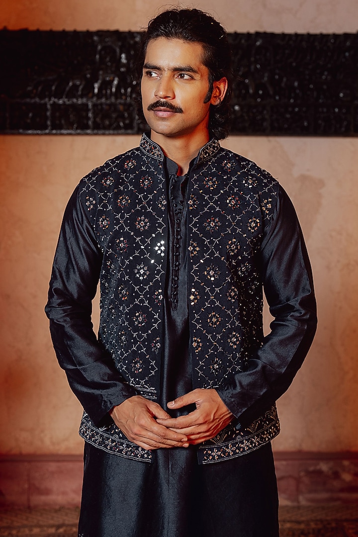 Indigo Blue Chanderi Mirror Work Bundi Jacket Set by NAFS at Pernia's Pop Up Shop