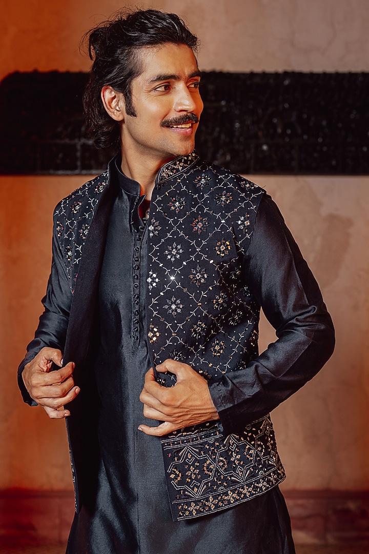 Indigo Blue Chanderi Mirror Work Bundi Jacket Set by NAFS at Pernia's Pop Up Shop