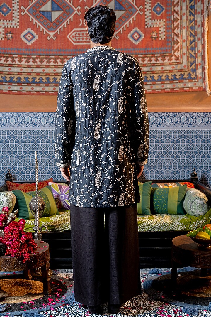 Black Chanderi Embroidered Kurta Set by NAFS at Pernia's Pop Up Shop