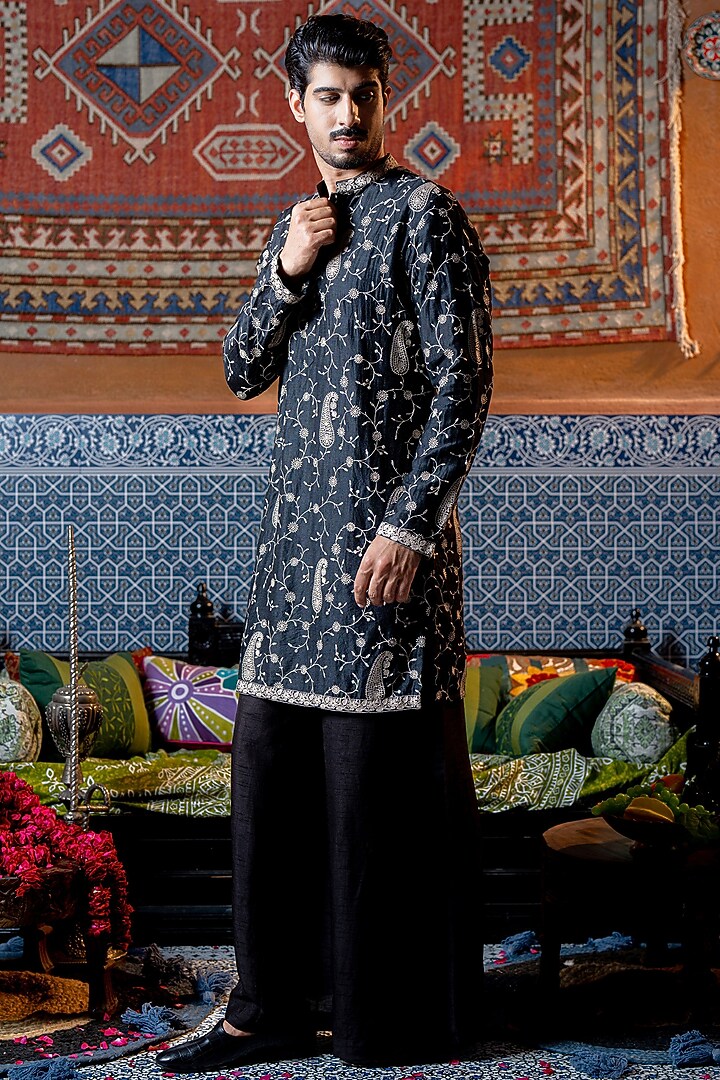 Black Chanderi Embroidered Kurta Set by NAFS at Pernia's Pop Up Shop