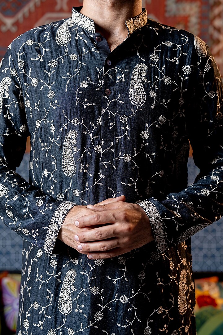 Black Chanderi Embroidered Kurta Set by NAFS at Pernia's Pop Up Shop