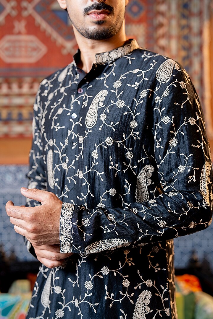 Black Chanderi Embroidered Kurta Set by NAFS at Pernia's Pop Up Shop