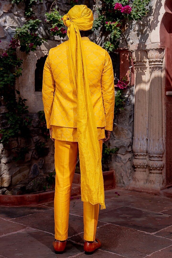 Yellow Chanderi Brocade Bundi Jacket Set by NAFS at Pernia's Pop Up Shop