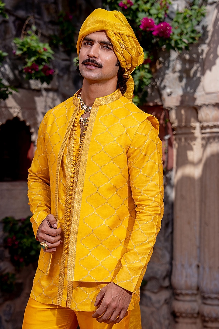 Yellow Chanderi Brocade Bundi Jacket Set by NAFS at Pernia's Pop Up Shop