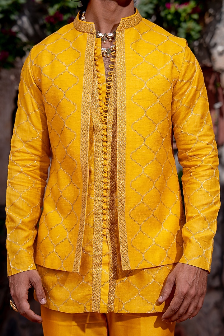 Yellow Chanderi Brocade Bundi Jacket Set by NAFS at Pernia's Pop Up Shop