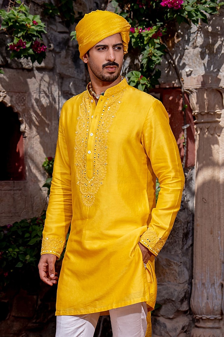 Yellow Chanderi Mirror Work Kurta Set by NAFS at Pernia's Pop Up Shop