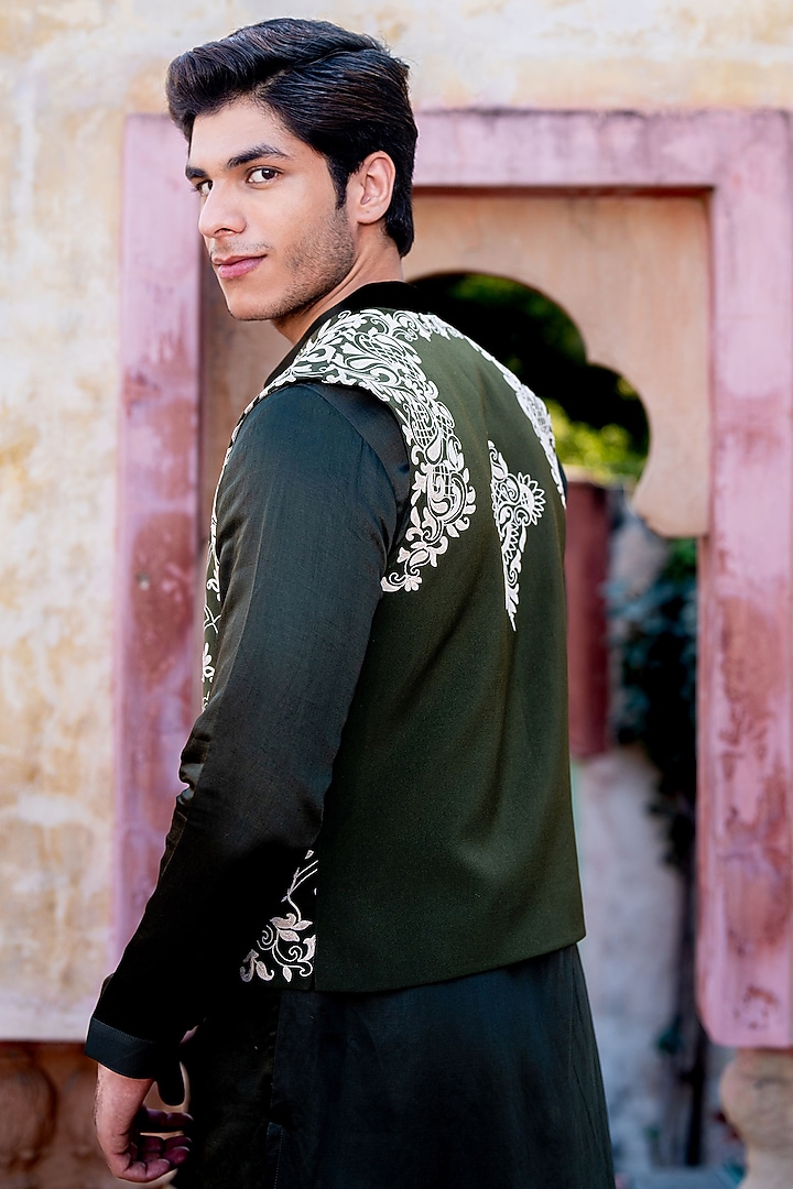 Olive Green Satin Linen Embroidered Koti Set by NAFS at Pernia's Pop Up Shop