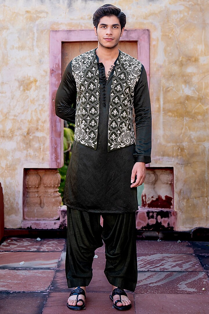 Olive Green Satin Linen Embroidered Koti Set by NAFS at Pernia's Pop Up Shop