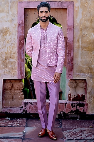 Onion Pink Chanderi & Brocade Textured Jacket Set by NAFS