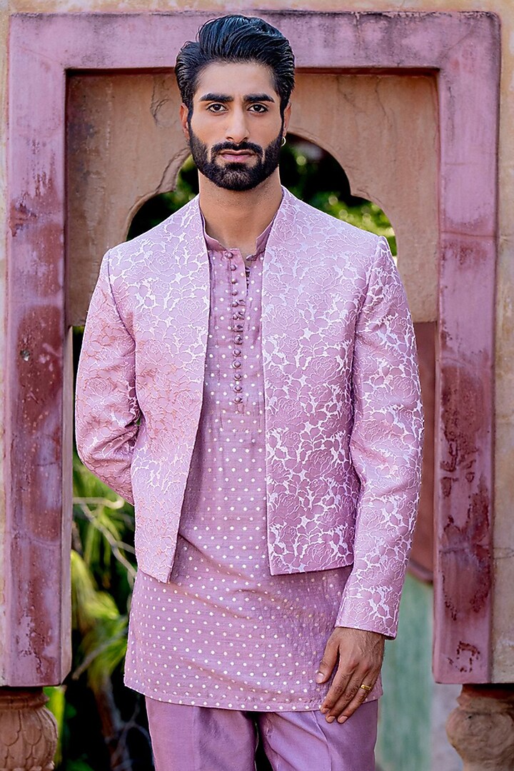 Onion Pink Chanderi & Brocade Textured Jacket Set by NAFS at Pernia's Pop Up Shop