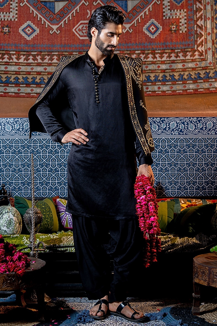 Black Lachka & Tussar Silk Embroidered Koti Set by NAFS at Pernia's Pop Up Shop