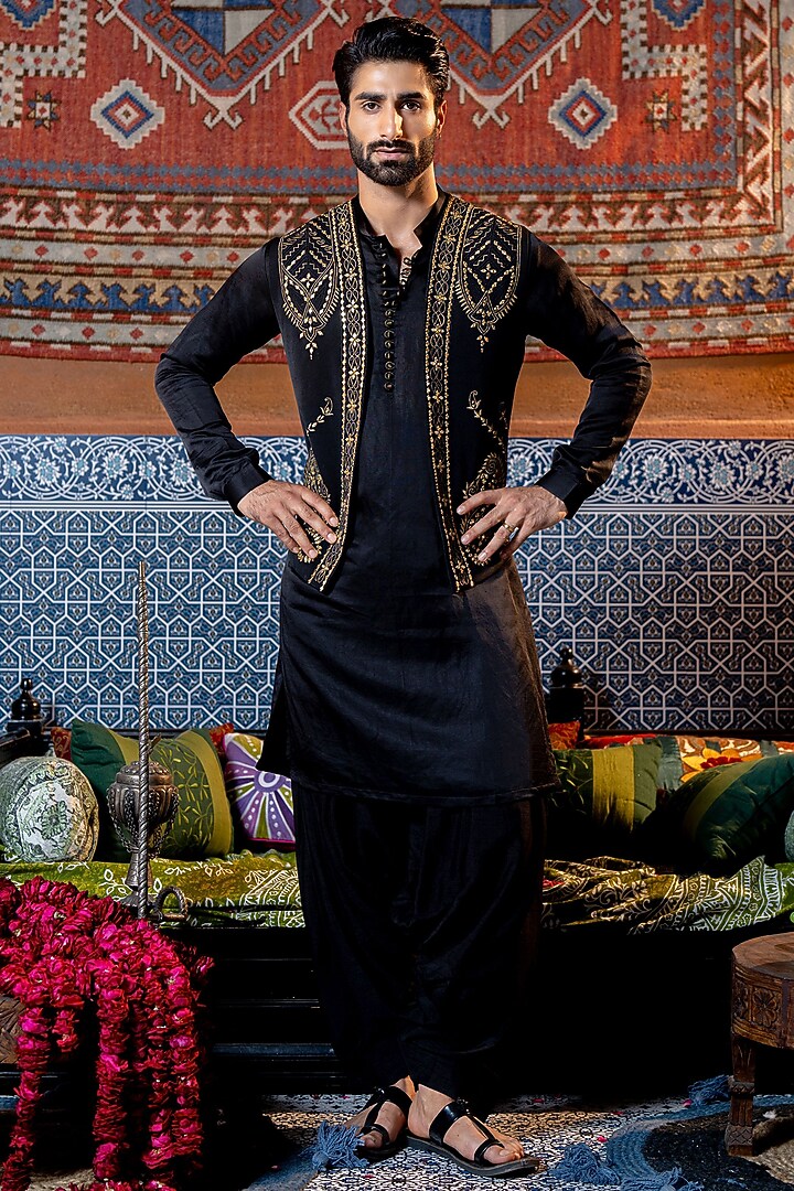 Black Lachka & Tussar Silk Embroidered Koti Set by NAFS at Pernia's Pop Up Shop