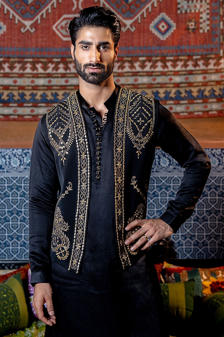 Black Lachka & Tussar Silk Embroidered Koti Set by NAFS at Pernia's Pop Up Shop