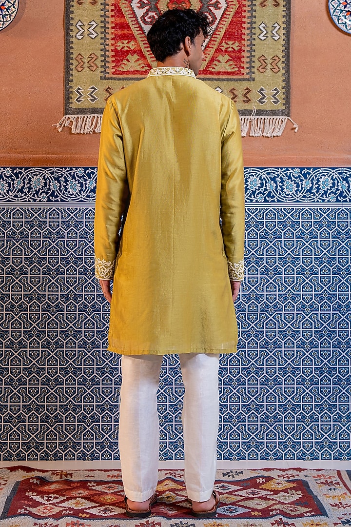 Olive Green Chanderi Mirror Work Kurta Set by NAFS at Pernia's Pop Up Shop