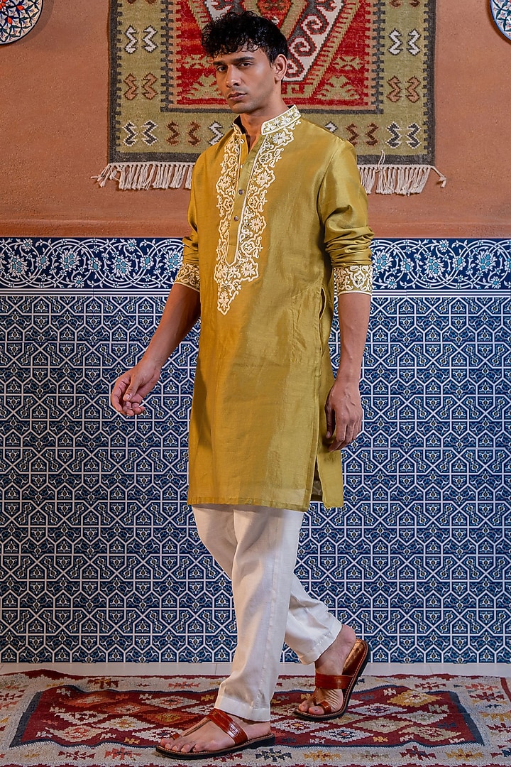 Olive Green Chanderi Mirror Work Kurta Set by NAFS at Pernia's Pop Up Shop