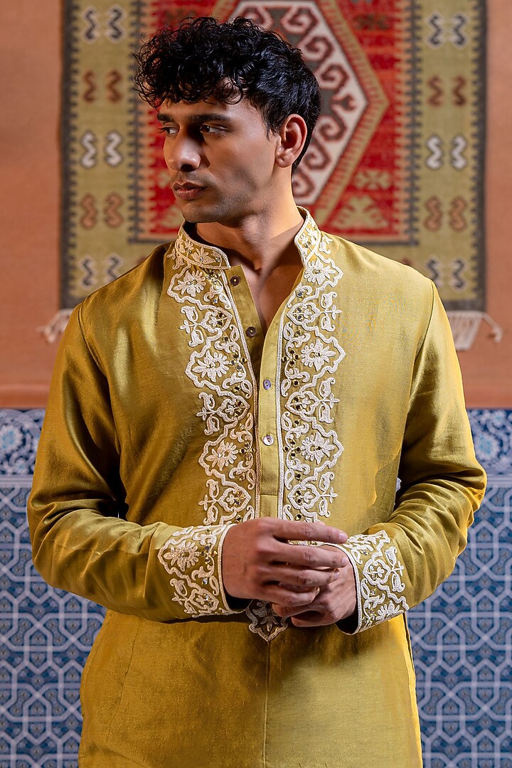 Olive Green Chanderi Mirror Work Kurta Set by NAFS at Pernia's Pop Up Shop