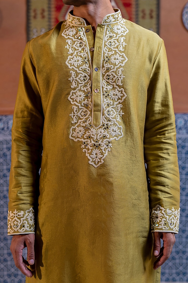 Olive Green Chanderi Mirror Work Kurta Set by NAFS at Pernia's Pop Up Shop