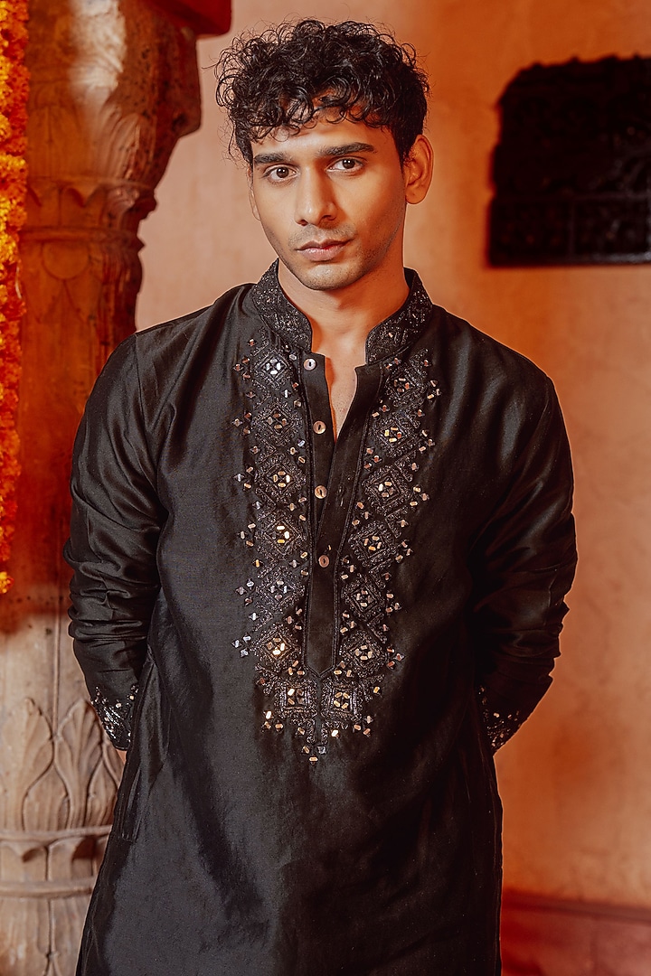 Black Chanderi Mirror Work Kurta Set by NAFS at Pernia's Pop Up Shop