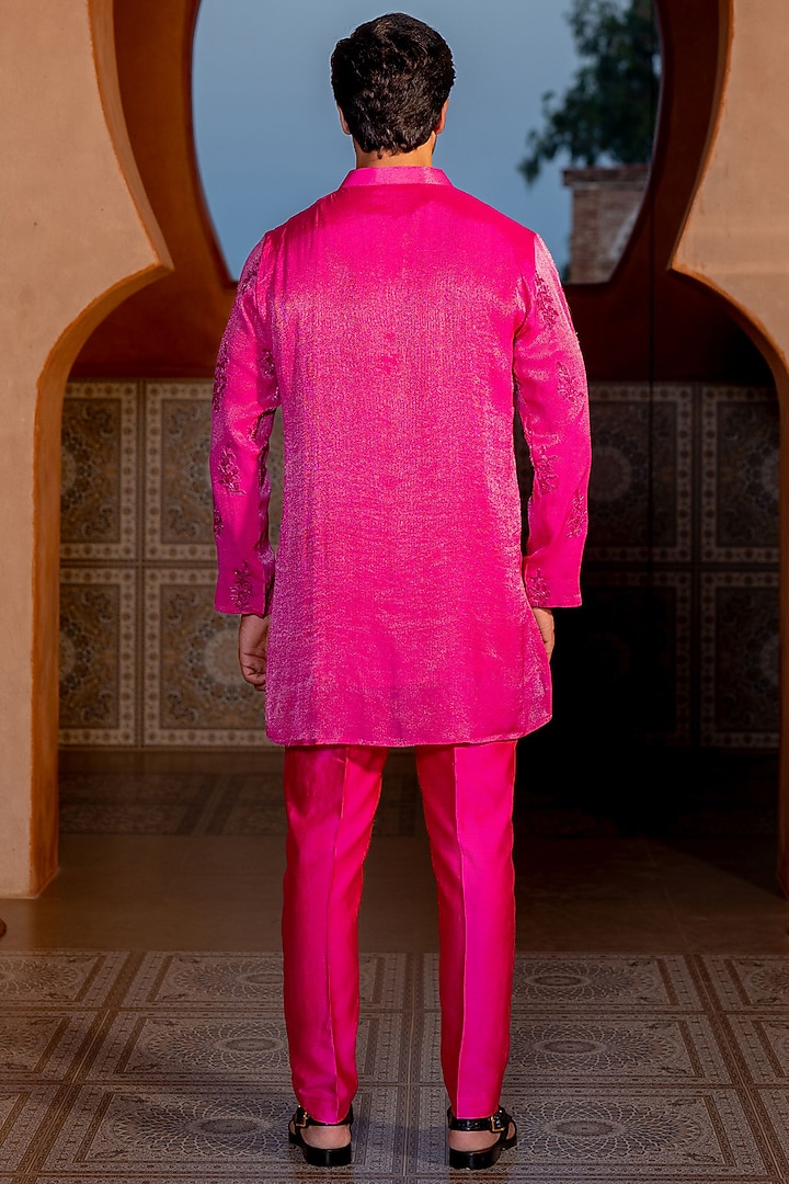 Hot Pink Chanderi & Shimmer Fabric Embroidered Kurta Set by NAFS at Pernia's Pop Up Shop