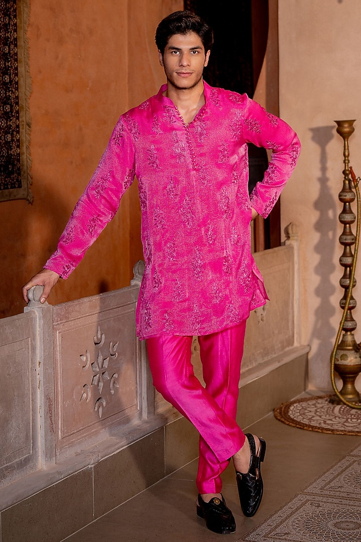 Hot Pink Chanderi & Shimmer Fabric Embroidered Kurta Set by NAFS at Pernia's Pop Up Shop
