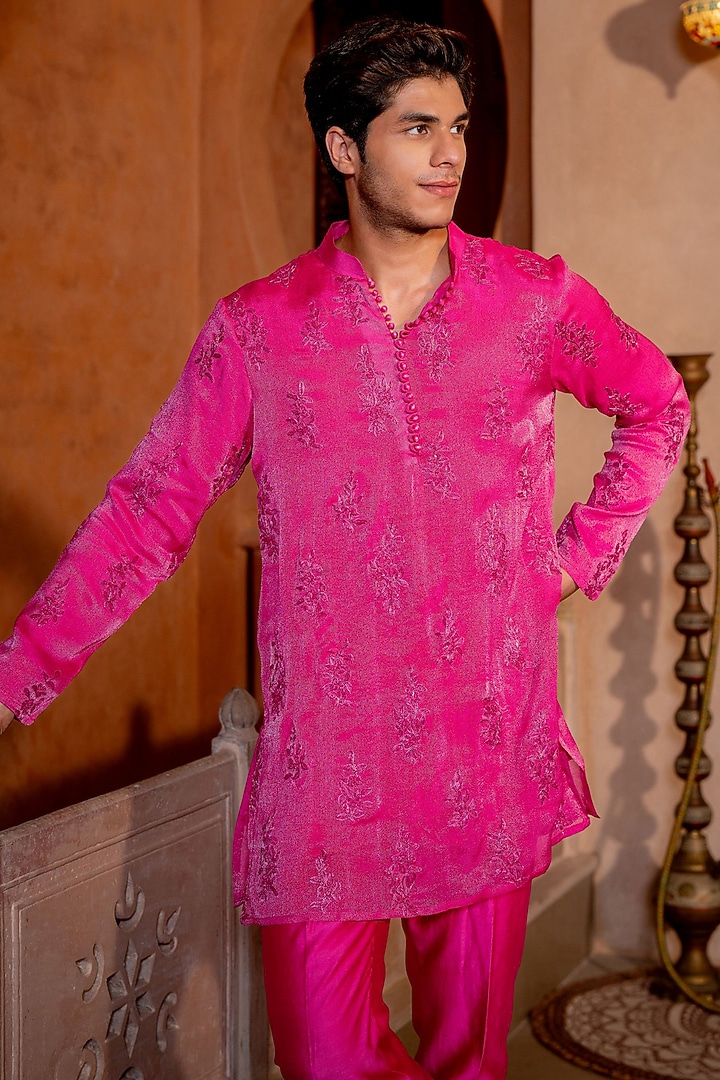 Hot Pink Chanderi & Shimmer Fabric Embroidered Kurta Set by NAFS at Pernia's Pop Up Shop