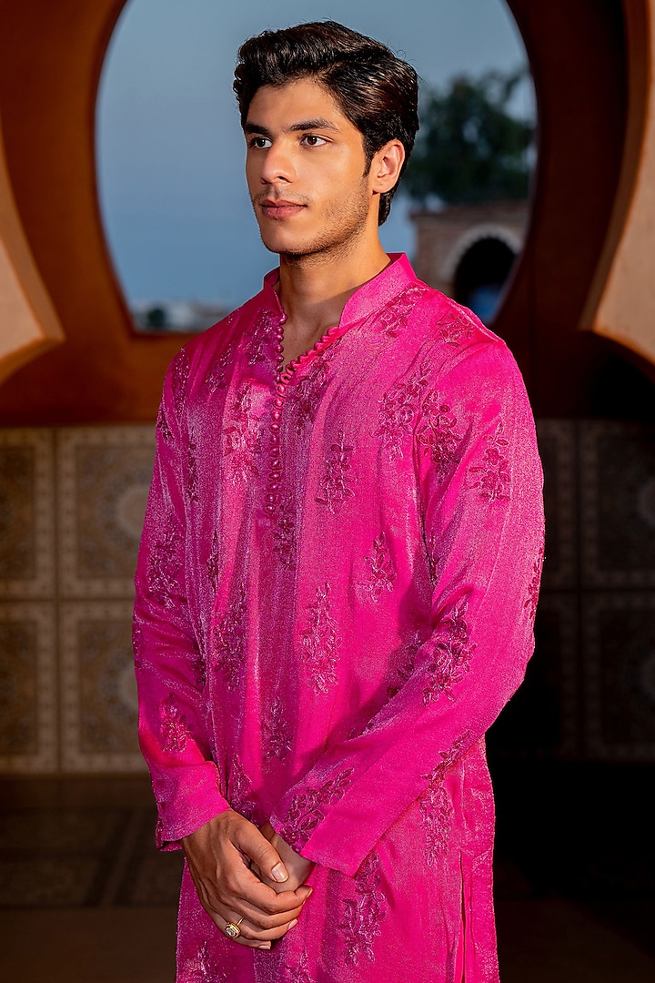 Hot Pink Chanderi & Shimmer Fabric Embroidered Kurta Set by NAFS at Pernia's Pop Up Shop