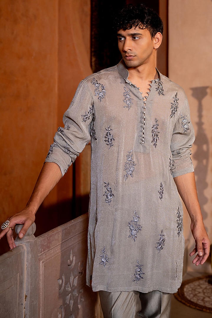 Grey Chanderi & Shimmer Fabric Embroidered Kurta Set by NAFS at Pernia's Pop Up Shop