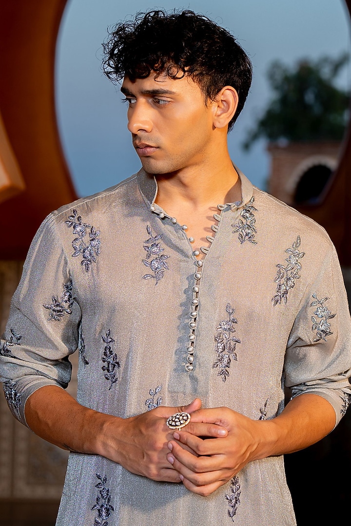 Grey Chanderi & Shimmer Fabric Embroidered Kurta Set by NAFS at Pernia's Pop Up Shop