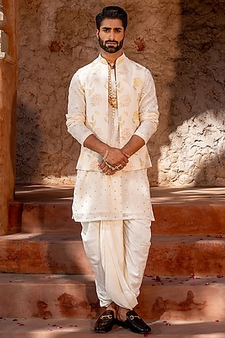 Ivory Chanderi Floral Bundi Jacket Set by NAFS