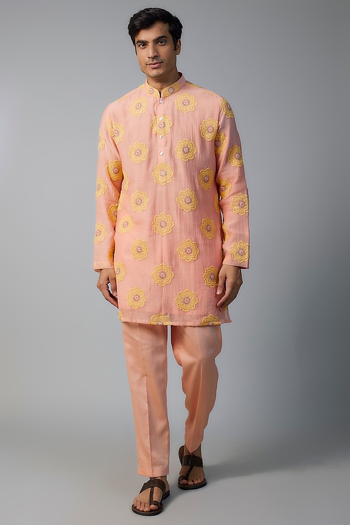 Peach Chanderi Floral Embroidered Kurta Set by NAFS