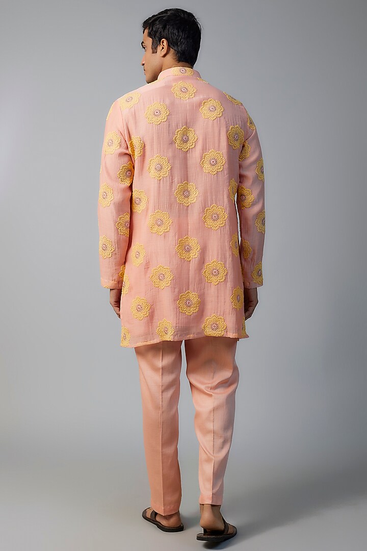 Peach Chanderi Floral Embroidered Kurta Set by NAFS at Pernia's Pop Up Shop