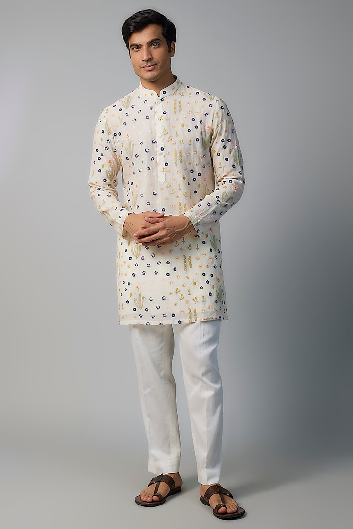 Ivory Chanderi Floral Embroidered Kurta set by NAFS at Pernia's Pop Up Shop