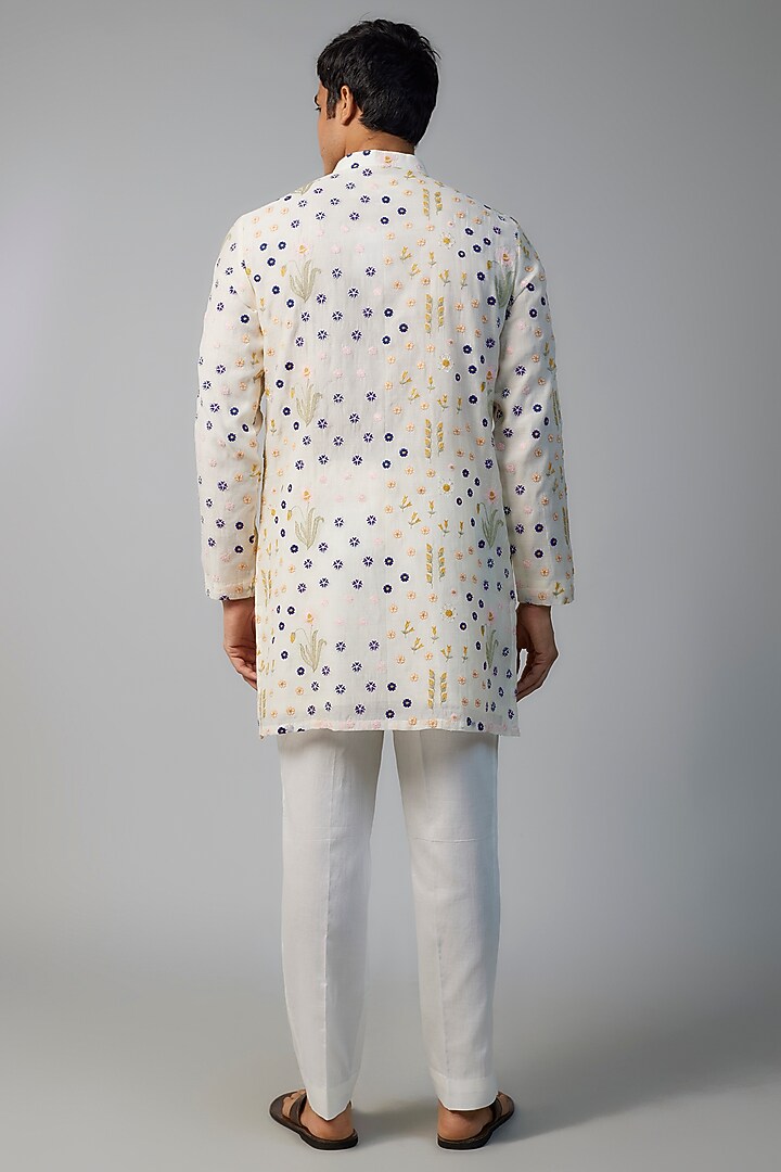 Ivory Chanderi Floral Embroidered Kurta set by NAFS at Pernia's Pop Up Shop