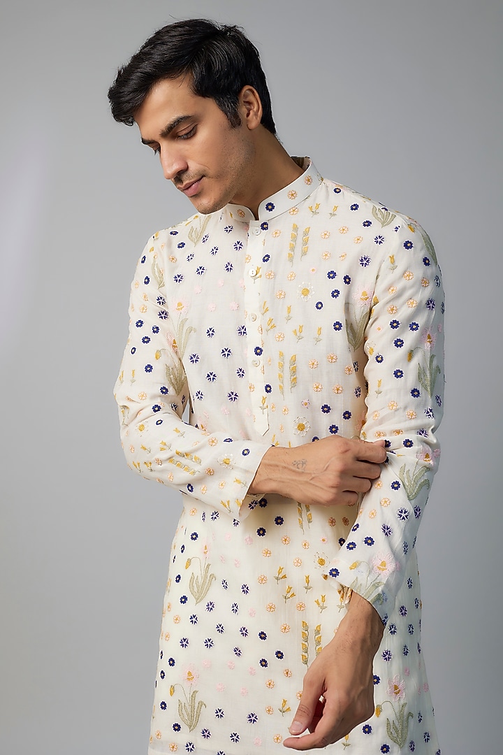Ivory Chanderi Floral Embroidered Kurta set by NAFS at Pernia's Pop Up Shop