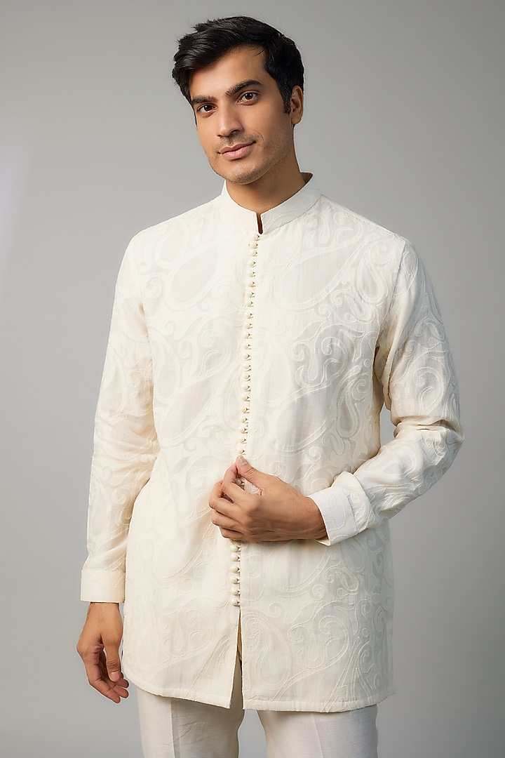 Ivory Chanderi Applique Embroidered Kurta set by NAFS at Pernia's Pop Up Shop