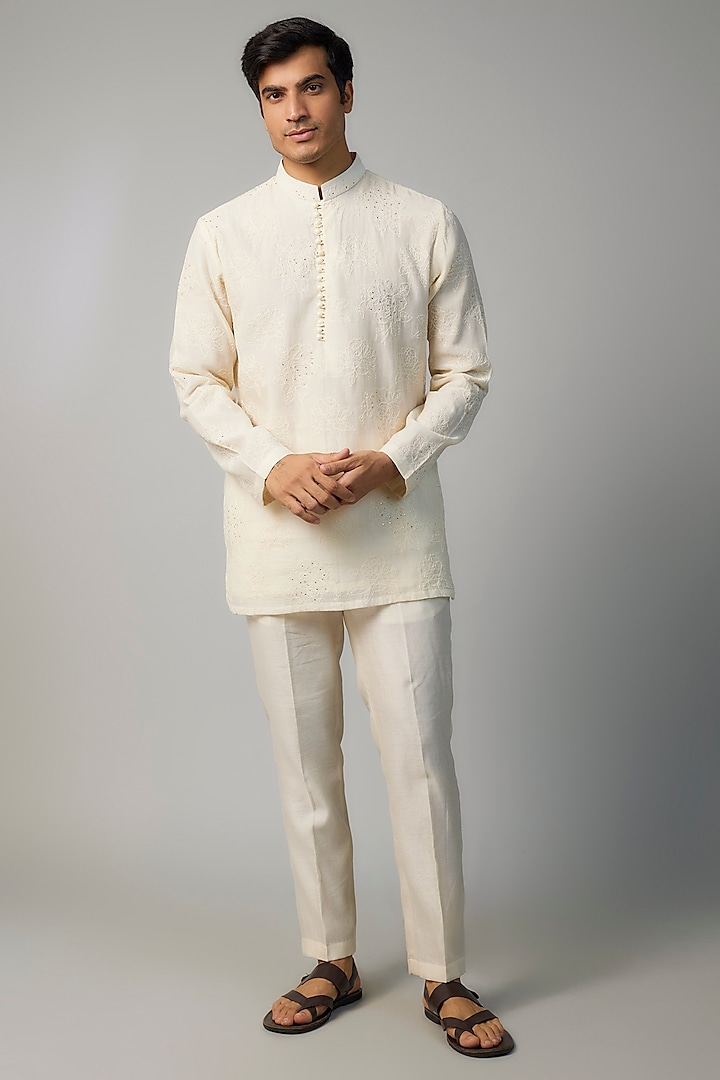 Ivory Chanderi Floral Embroidered Kurta set by NAFS at Pernia's Pop Up Shop