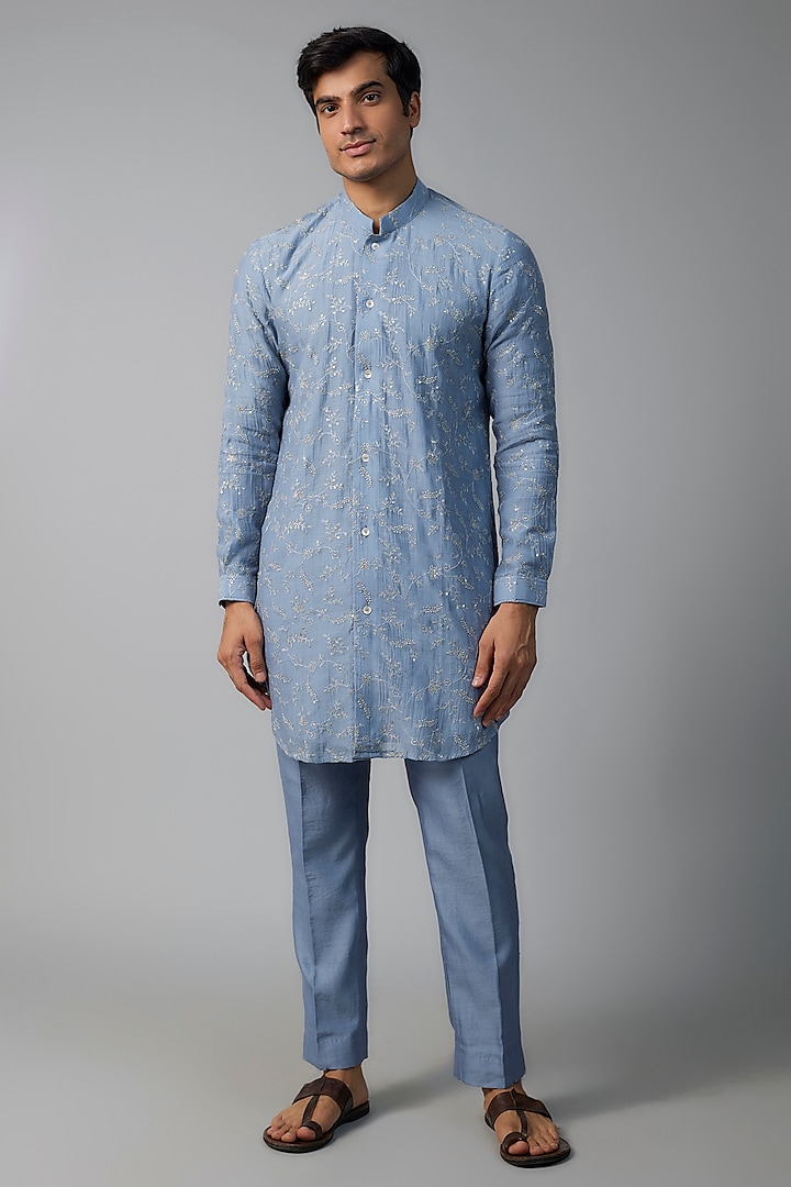 Azure Blue Chanderi Tikki & Floral Embroidered Kurta Set by NAFS at Pernia's Pop Up Shop