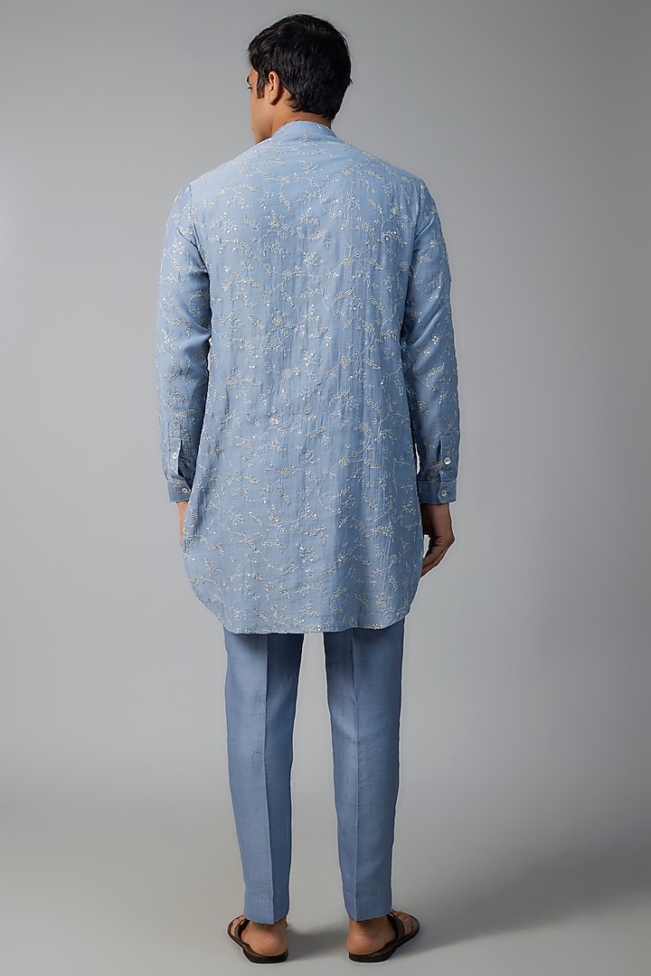 Azure Blue Chanderi Tikki & Floral Embroidered Kurta Set by NAFS at Pernia's Pop Up Shop