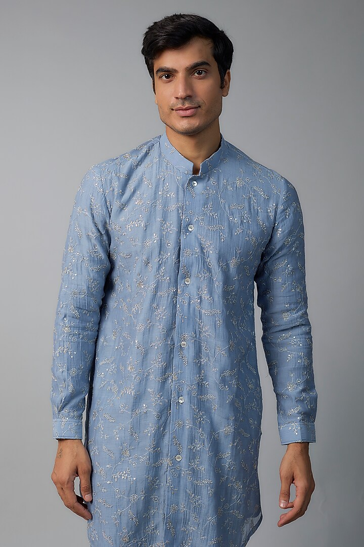 Azure Blue Chanderi Tikki & Floral Embroidered Kurta Set by NAFS at Pernia's Pop Up Shop
