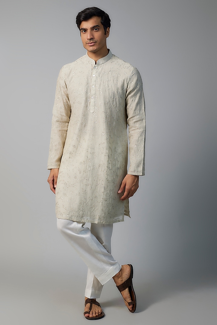 Glacier Grey Chanderi Zari & Tikki Embroidered Kurta Set by NAFS