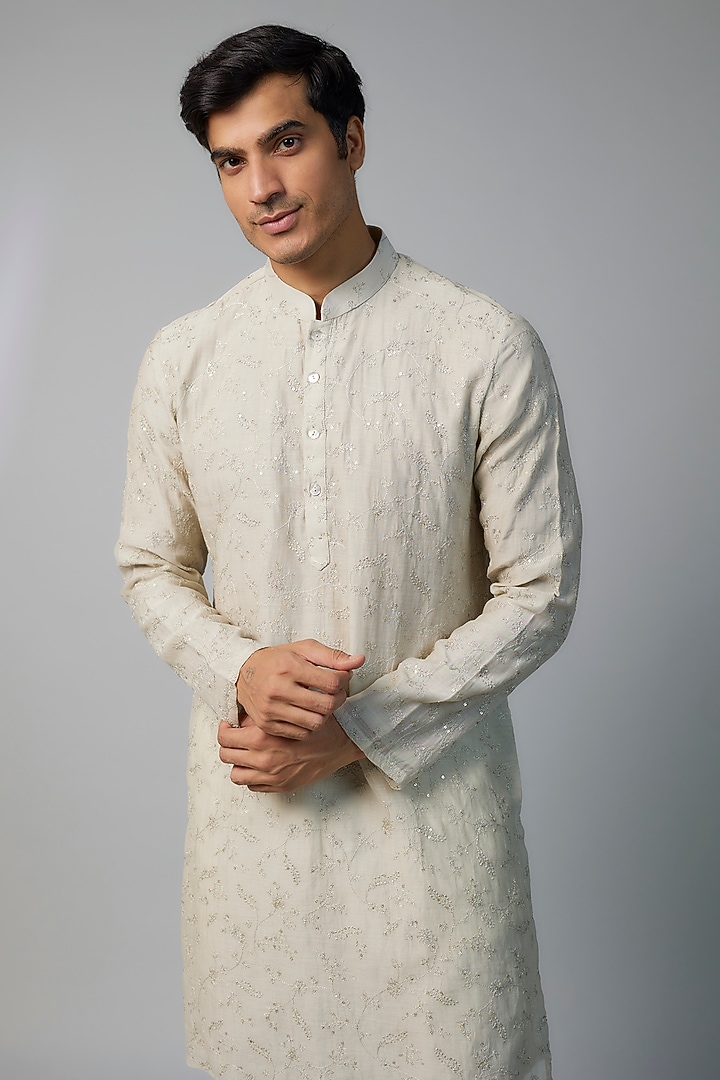 Glacier Grey Chanderi Zari & Tikki Embroidered Kurta Set by NAFS at Pernia's Pop Up Shop