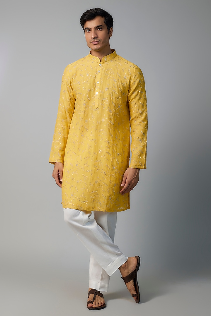 Yolk Yellow Chanderi Zari & Tikki Embroidered Kurta Set by NAFS