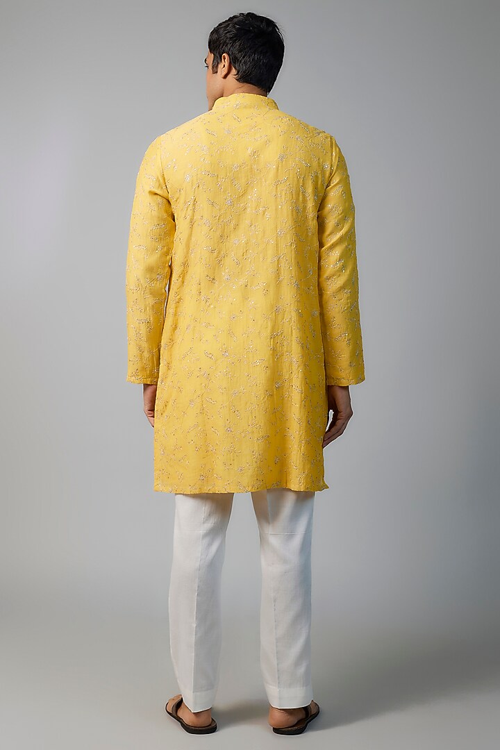Yolk Yellow Chanderi Zari & Tikki Embroidered Kurta Set by NAFS at Pernia's Pop Up Shop