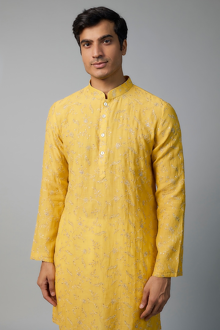 Yolk Yellow Chanderi Zari & Tikki Embroidered Kurta Set by NAFS at Pernia's Pop Up Shop
