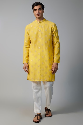 Yolk Yellow Chanderi Zari & Tikki Embroidered Kurta Set by NAFS